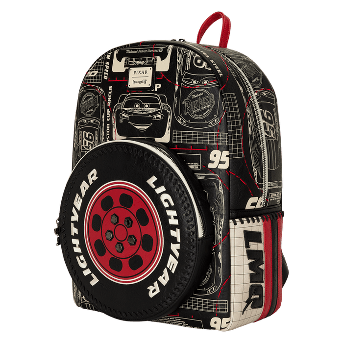 Three-quarter angle of Loungefly Cars Lightning McQueen backpack with Lightyear tyre front pocket