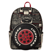 Front view of Loungefly Cars Lightning McQueen backpack with Lightyear tyre pocket and blueprint print