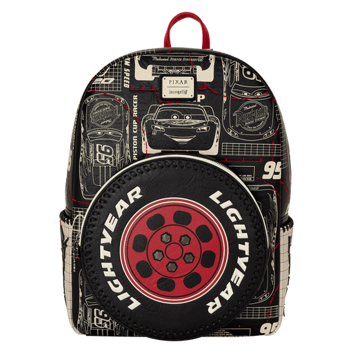 Front view of Loungefly Cars Lightning McQueen backpack with Lightyear tyre pocket and blueprint print