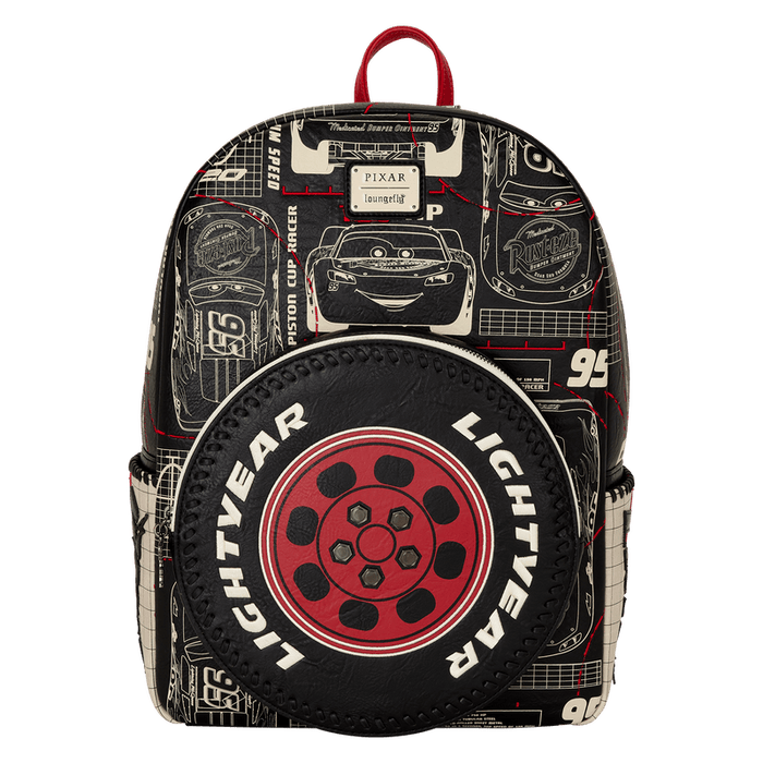 Front view of Loungefly Cars Lightning McQueen backpack with Lightyear tyre pocket and blueprint print