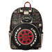 Front view of Loungefly Cars Lightning McQueen backpack with Lightyear tyre pocket and blueprint print