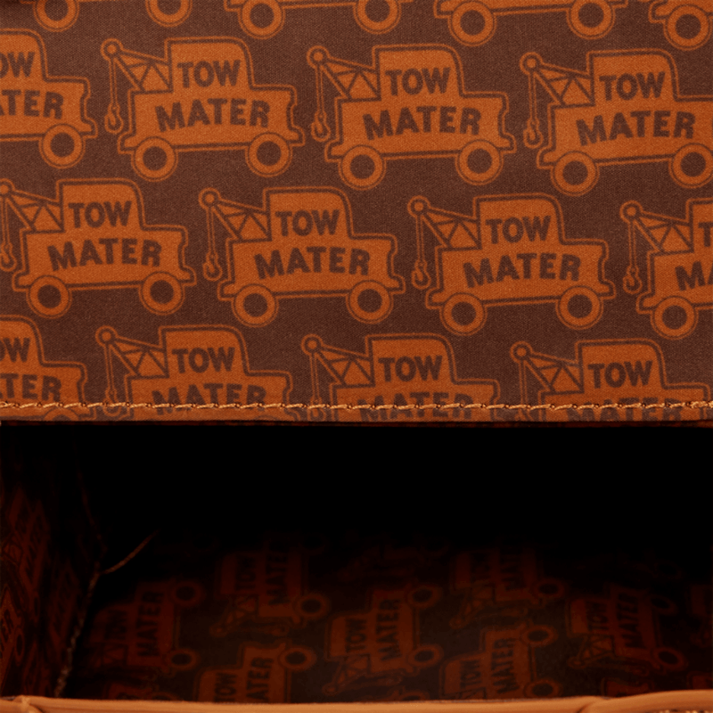 Tow Mater patterned interior lining inside the Loungefly Cars Crossbody Bag