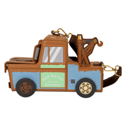 Side view of the Loungefly Tow Mater Crossbody Bag with Tow Mater door and wheel details