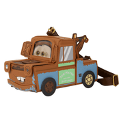 Angled view of the Loungefly Tow Mater Figural Crossbody Bag with movable wheels