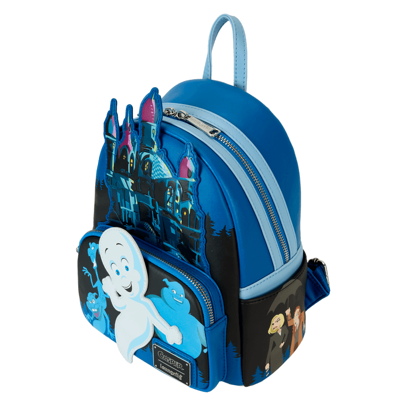 Angled top-right view of Loungefly Casper mini backpack highlighting layered haunted house applique – Loungefly backpack
