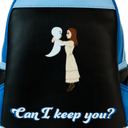 Back print detail of Casper and Kat on Loungefly mini backpack – scene text “Can I keep you?” for Loungefly bags
