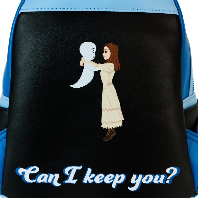 Back print detail of Casper and Kat on Loungefly mini backpack – scene text “Can I keep you?” for Loungefly bags
