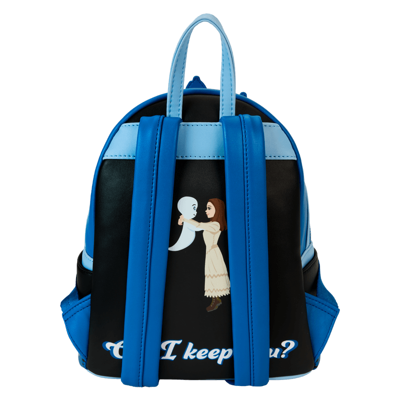 Back of Loungefly Casper mini backpack with “Can I keep you?” scene and adjustable blue straps – Loungefly backpack
