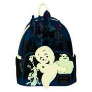 Glow-in-the-dark view of Loungefly Casper mini backpack, ghost and mansion details illuminated – Loungefly bag at night
