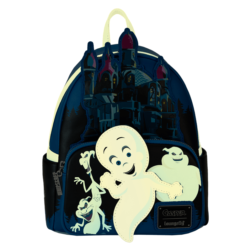 Glow-in-the-dark view of Loungefly Casper mini backpack, ghost and mansion details illuminated – Loungefly bag at night
