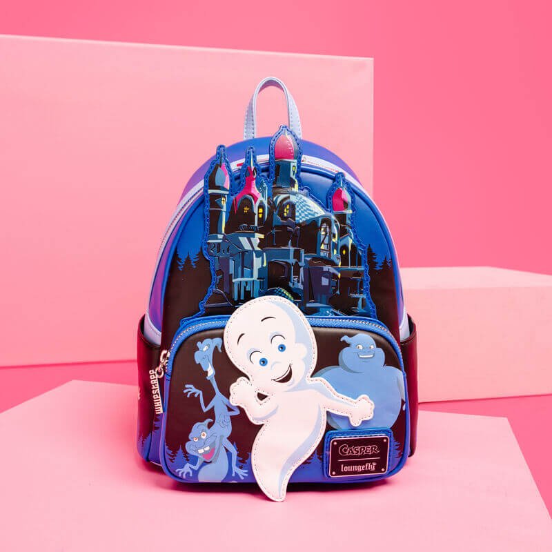 Lifestyle hero shot of Loungefly Casper mini backpack on pink backdrop – playful Loungefly bag product image

