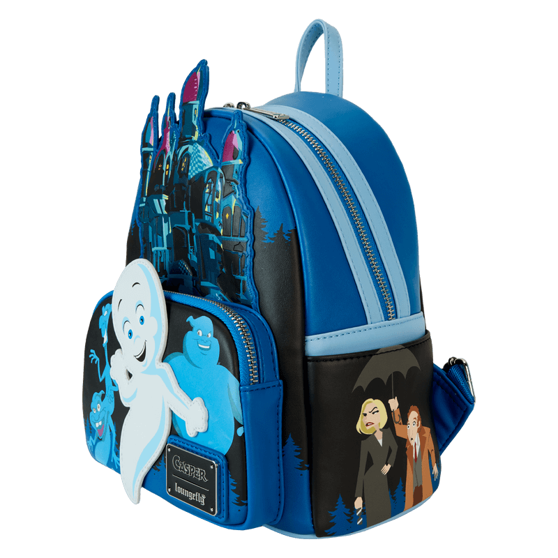 Left side view of Loungefly Casper mini backpack with character pocket and twin zips – Loungefly bag
