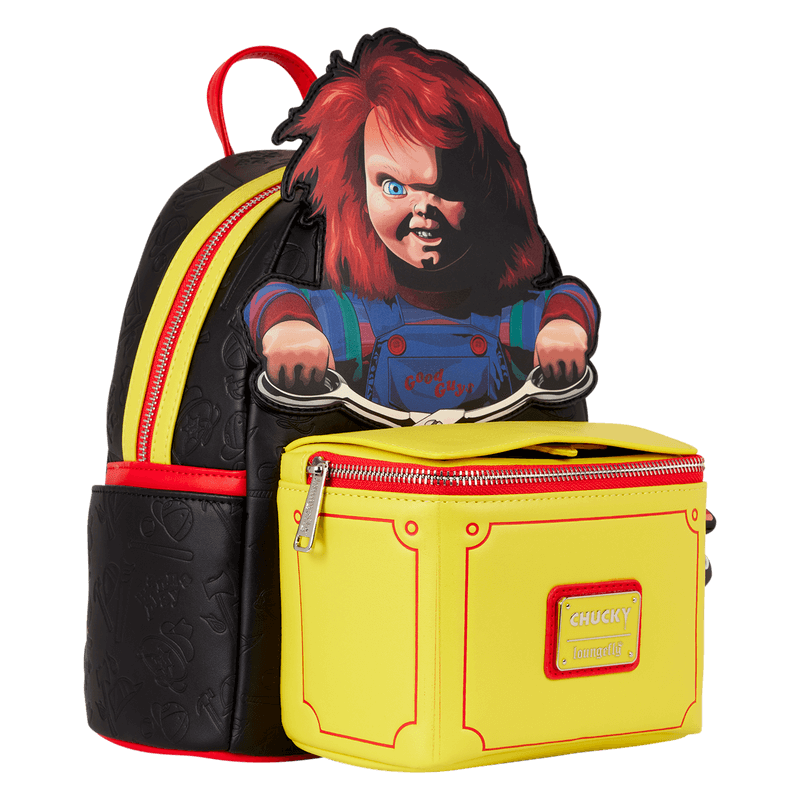 Three-quarter angle of Chucky pop-up backpack highlighting sculpted crank handle and red zip detail
