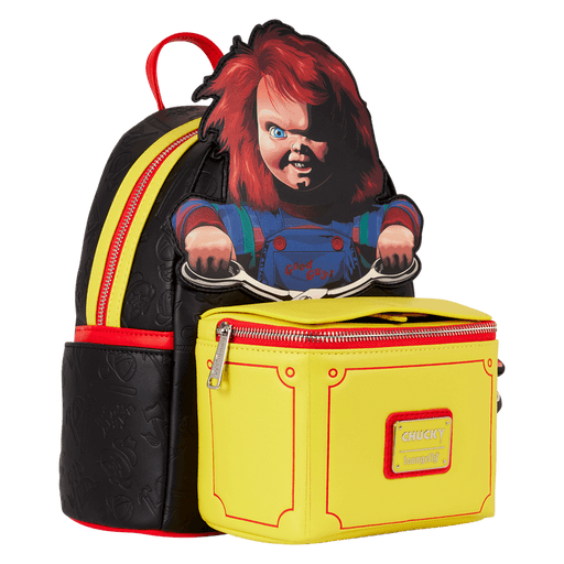 Three-quarter angle of Chucky pop-up backpack highlighting sculpted crank handle and red zip detail

