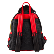 Back of Chucky pop-up mini backpack with red “dripping” shoulder straps and debossed Good Guys icons
