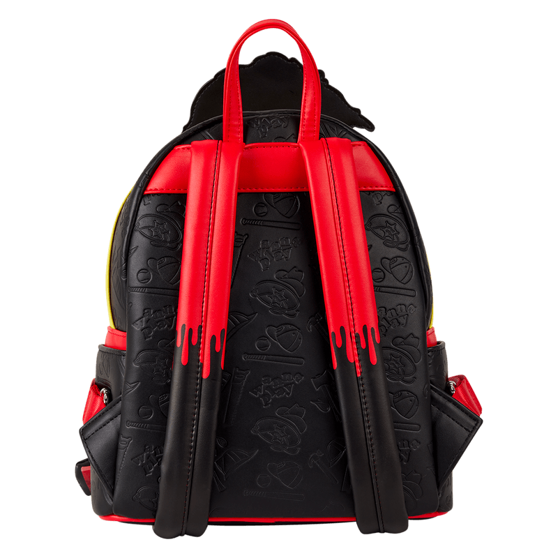 Back of Chucky pop-up mini backpack with red “dripping” shoulder straps and debossed Good Guys icons
