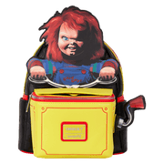 Front of Loungefly Chucky pop-up mini backpack with menacing Chucky figure above yellow jack-in-the-box pocket
