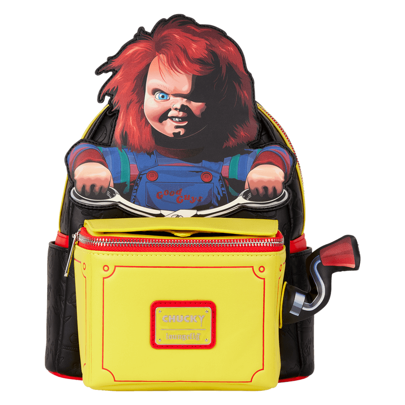 Front of Loungefly Chucky pop-up mini backpack with menacing Chucky figure above yellow jack-in-the-box pocket
