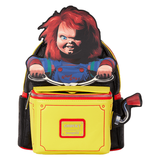 Front of Loungefly Chucky pop-up mini backpack with menacing Chucky figure above yellow jack-in-the-box pocket
