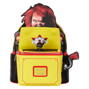 Open view of Loungefly Chucky backpack showing spring-loaded clown under lift-up yellow lid

