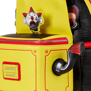 Close-up of crank handle and clown figure on Loungefly Chucky pop-up mini backpack
