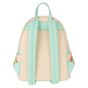 Back of the Loungefly Trolls backpack with mint green adjustable straps and cream faux leather