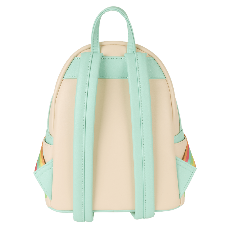 Back of the Loungefly Trolls backpack with mint green adjustable straps and cream faux leather