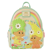 Front view of the Loungefly Classic Trolls backpack featuring pastel rainbow and green/yellow Trolls with fuzzy hair
