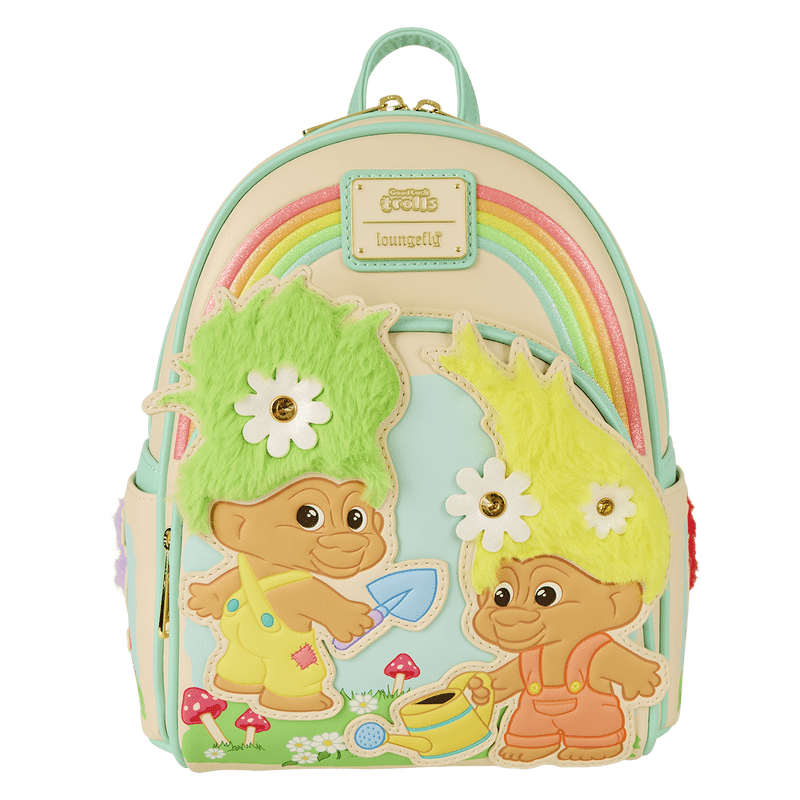 Front view of the Loungefly Classic Trolls backpack featuring pastel rainbow and green/yellow Trolls with fuzzy hair