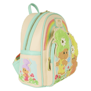 Left side of Loungefly Trolls mini backpack showing pastel Troll character with purple hair and mushroom details