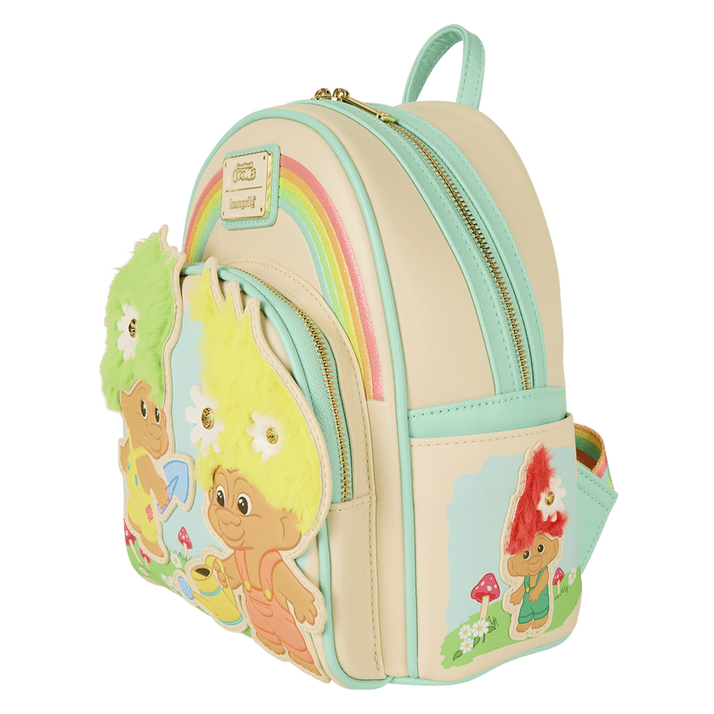 Right side of Loungefly Trolls backpack with fuzzy-haired red Troll character and nature details