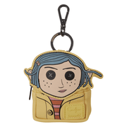 Loungefly Coraline mini backpack keychain charm with yellow raincoat design