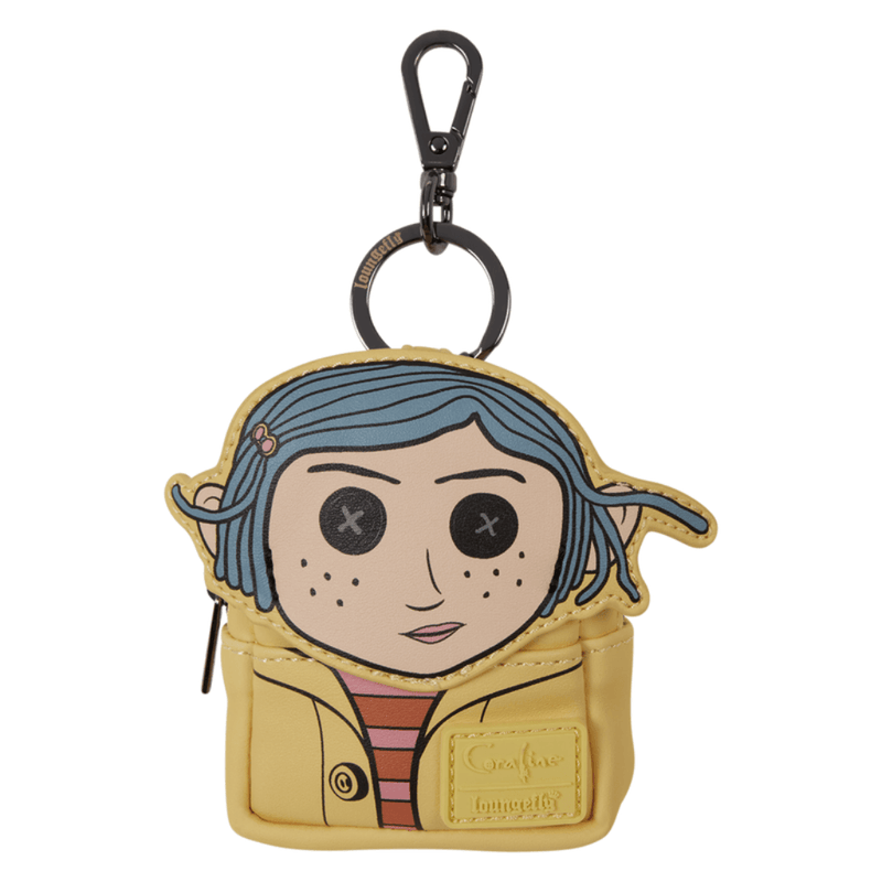 Loungefly Coraline mini backpack keychain charm with yellow raincoat design