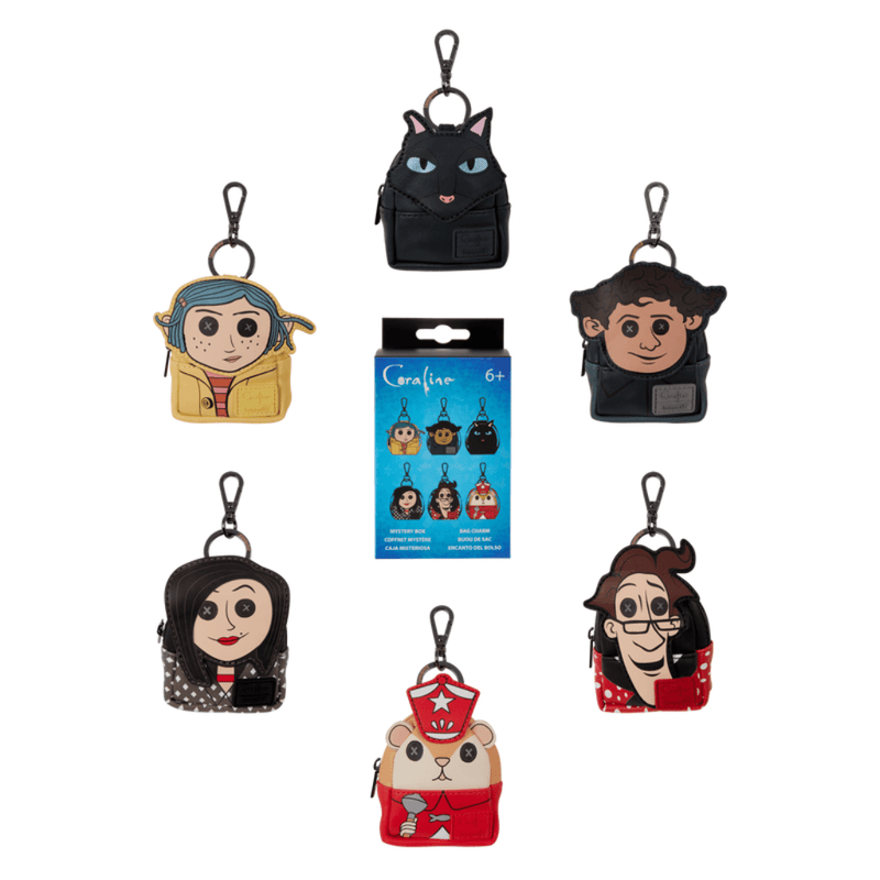 Complete Loungefly Coraline Blind Box collection of six mini backpack keychain charms with packaging