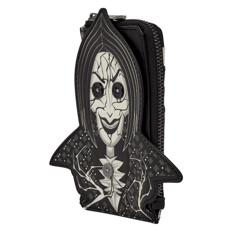 Side view of Loungefly Coraline Other Mother card holder with zipped compartment