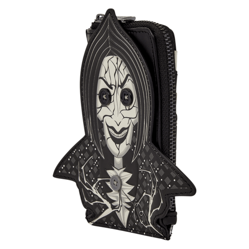 Side view of Loungefly Coraline Other Mother card holder with zipped compartment