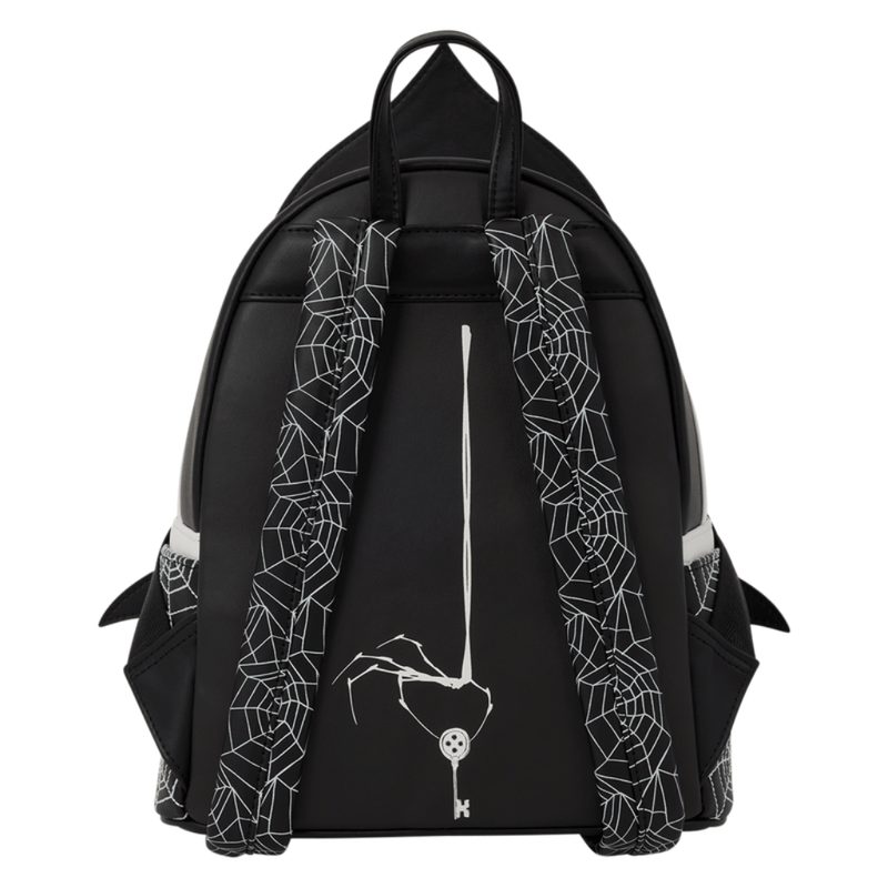 Back of Loungefly Coraline Other Mother backpack with spider-web shoulder straps