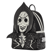 Angled view of Coraline Other Mother Loungefly backpack with spider-web side details