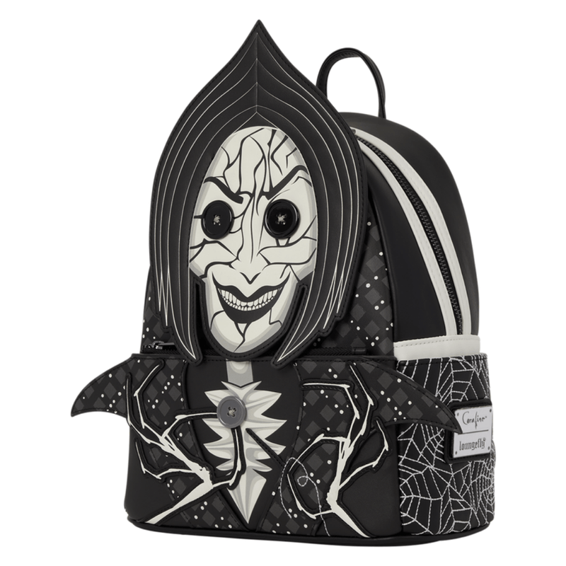 Angled view of Coraline Other Mother Loungefly backpack with spider-web side details