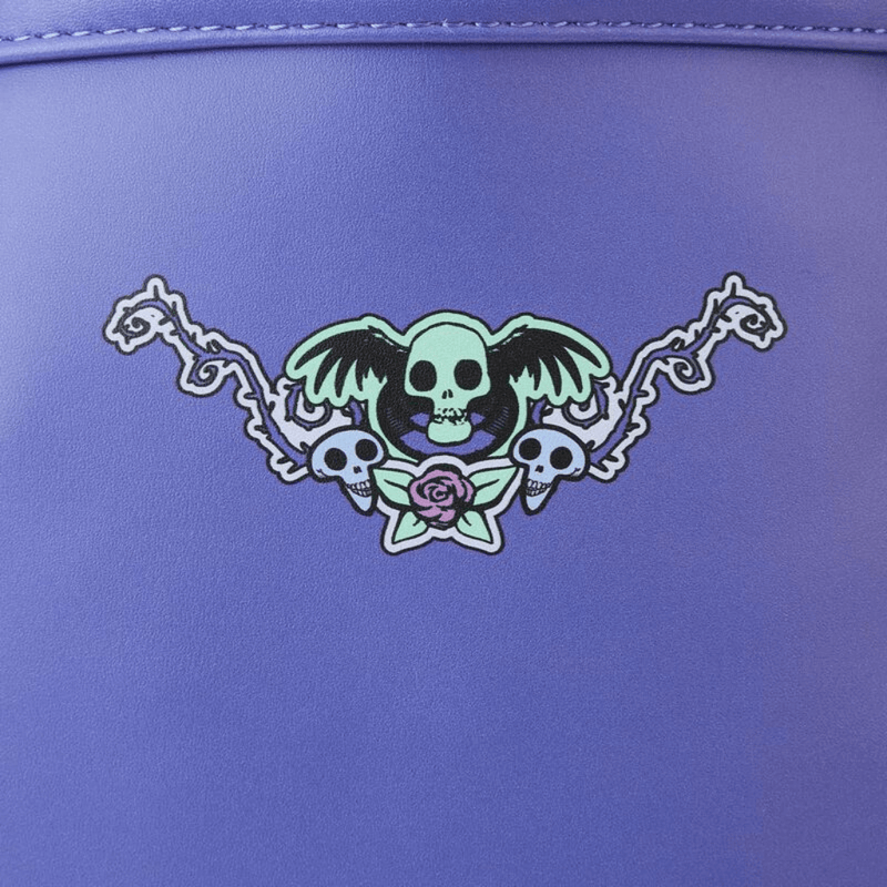 Skull and wings artwork detail on Loungefly Corpse Bride mini backpack