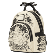 Angled view of Loungefly Disney Alice in Wonderland Floral Mini Backpack with 3D bow handle