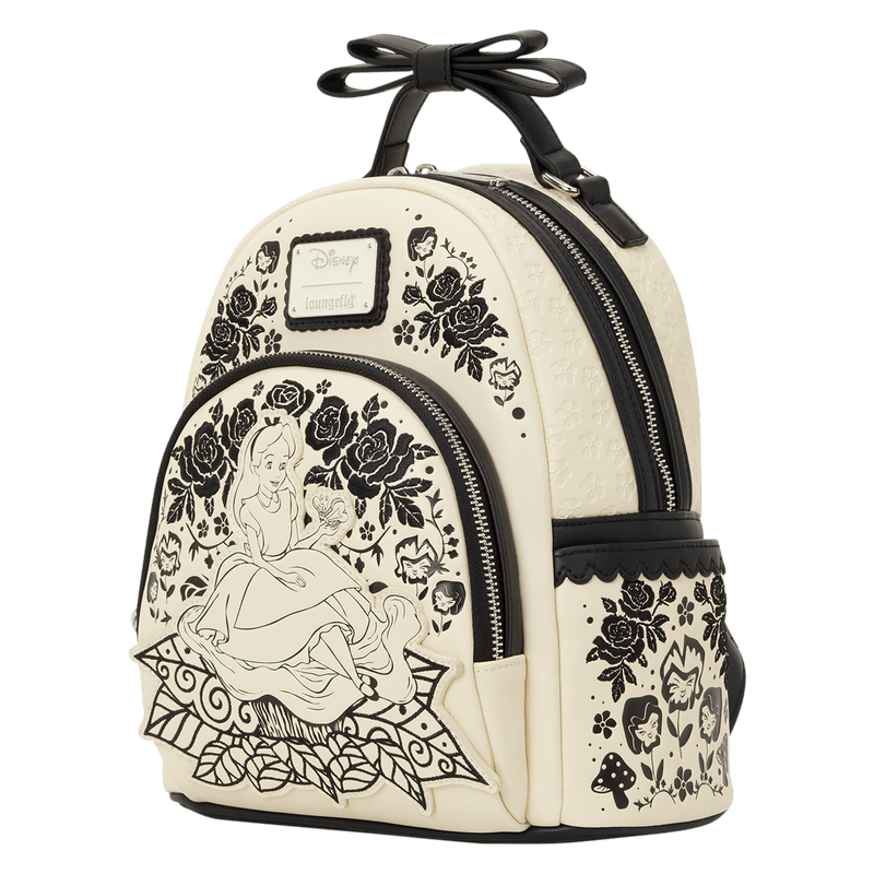Angled view of Loungefly Disney Alice in Wonderland Floral Mini Backpack with 3D bow handle