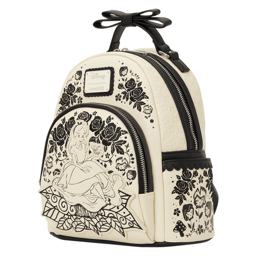 Angled view of Loungefly Disney Alice in Wonderland Floral Mini Backpack with 3D bow handle