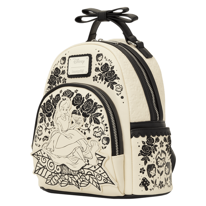 Angled view of Loungefly Disney Alice in Wonderland Floral Mini Backpack with 3D bow handle