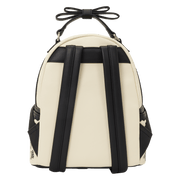 Back of Loungefly Disney Alice in Wonderland Floral Mini Backpack with black straps and bow handle