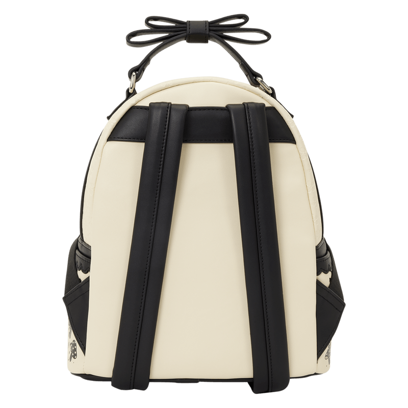 Back of Loungefly Disney Alice in Wonderland Floral Mini Backpack with black straps and bow handle