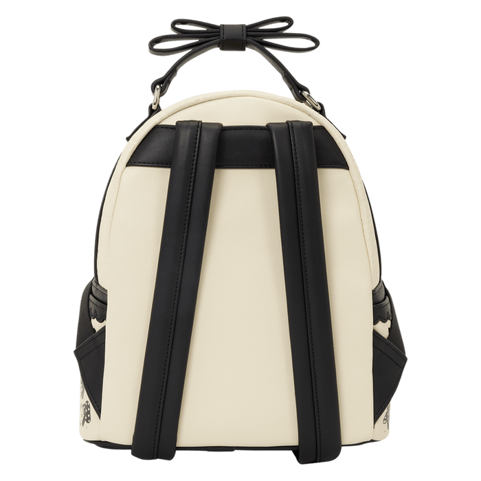 Back of Loungefly Disney Alice in Wonderland Floral Mini Backpack with black straps and bow handle