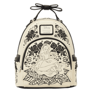 Front of Loungefly Disney Alice in Wonderland Floral Mini Backpack with Alice and black floral artwork