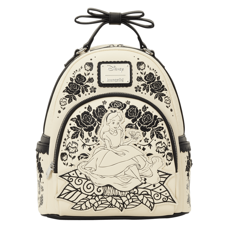 Front of Loungefly Disney Alice in Wonderland Floral Mini Backpack with Alice and black floral artwork