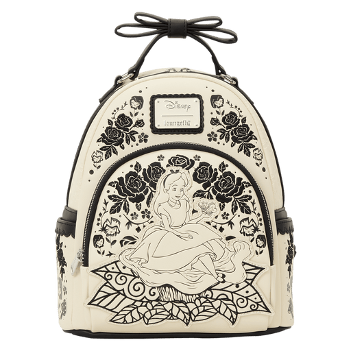 Front of Loungefly Disney Alice in Wonderland Floral Mini Backpack with Alice and black floral artwork